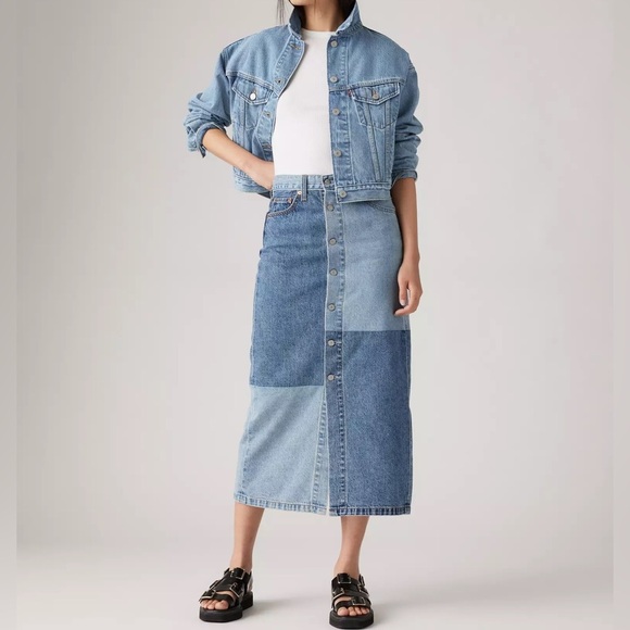 Levi's Premium Button Midi Jean Denim Skirt Size 31 Patch Design 100% Cotton New - Picture 1 of 16